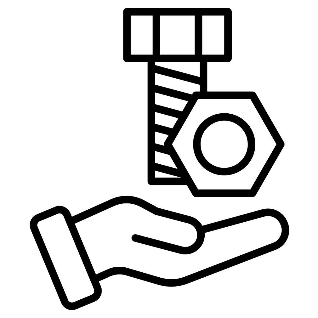 Ein Icon von einer aufgehaltenen Hand die Schrauben erhält, als Symbol für die Leistung zu den Ersatzteilen bei MW Landtechnik GmbH.
